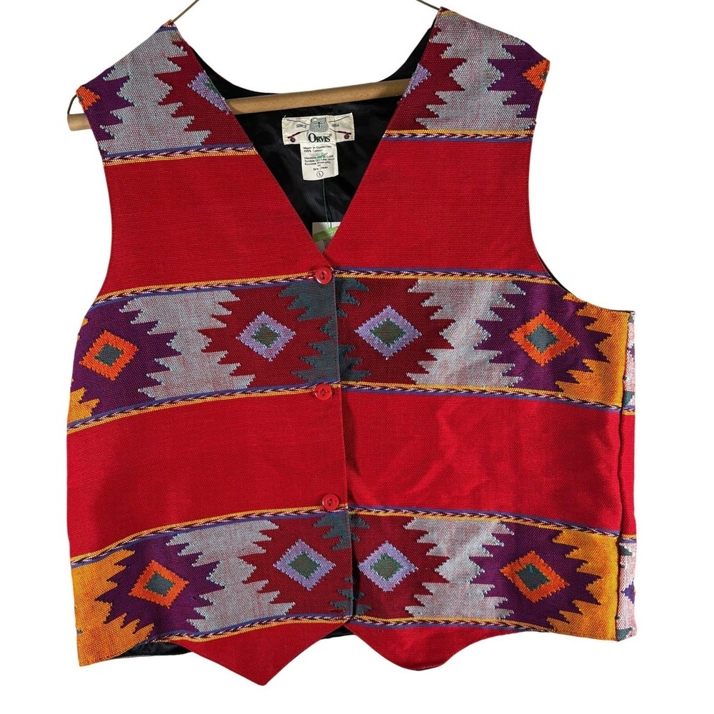 Orvis Mens Red Southwestern Geometric Cotton Button Front Vest Large Guatemala